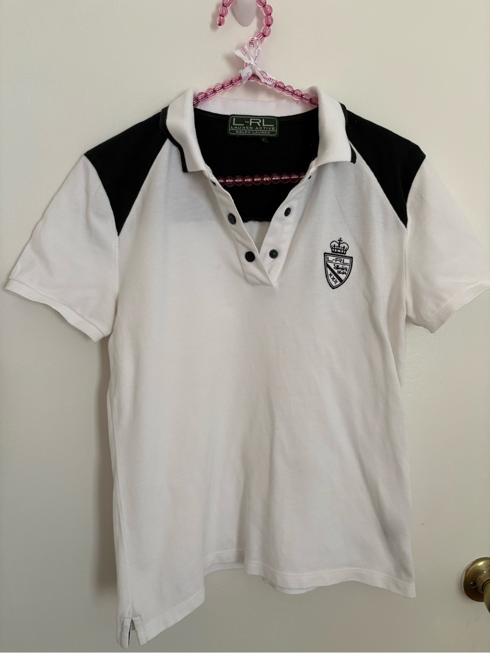 Ralph Lauren Vintage Active Women’s Polo Shirt Small White Black Crest Logo